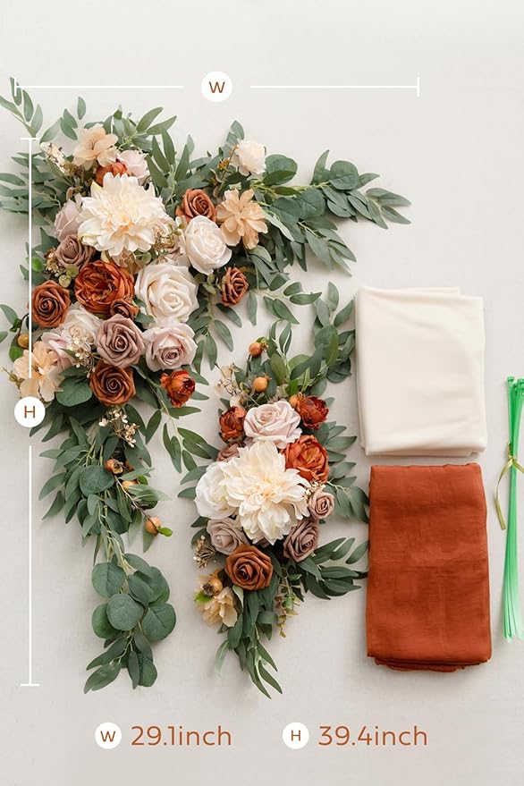 Ling's moment Fall Artificial Wedding Arch Flowers Kit Pack of 4, 2pcs Hanging Flower Arrangement 2pcs Drapes Ceremony Rose Arbor Backdrop Brunt Orange Terracotta Floral Party Autumn Outdoor Decor