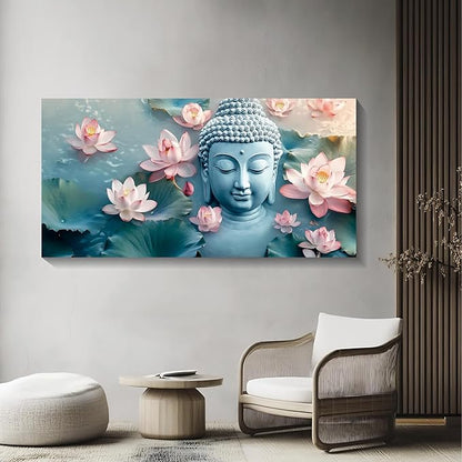 Iallbin Buddha Wall Art & Zen Wall Decor, White Lotus on Water Canvas Painting - for Yoga Meditation Room, Spa & Bathroom, Blue Art Deco Style, 58x29 Inches
