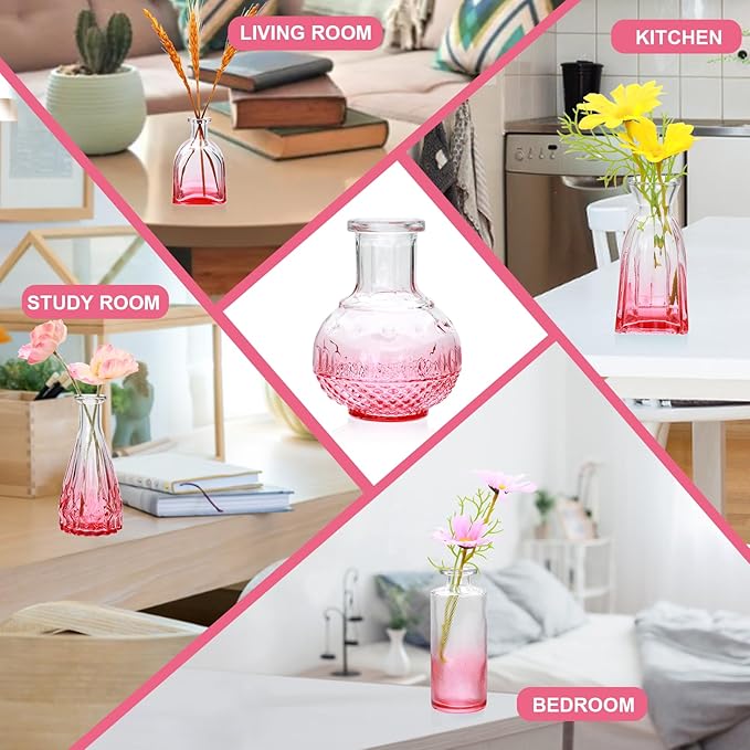 Brajttt Pink Flower Vase Set, Glass Bud Vase in Bulk Set of 8,Artistic and Cultural Flavor Mini Vases for Home Office Decor, Bedroom, Office, Living Room Decorations,Wedding