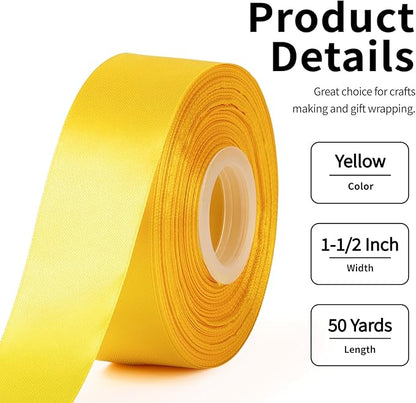 1-1/2 Inch Wide Yellow Satin Ribbon, 50 Yards Solid Polyester Fabric Ribbon for Roses Making, Gift Wrapping, Christmas, Wedding Decorations, Crafts, Bows