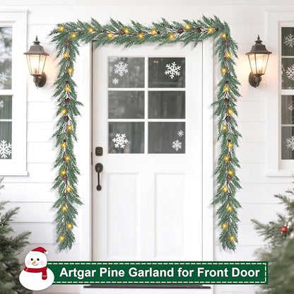 Artgar Christmas Cedar Garland, 6 Ft Realistic Pine Garland, Prelit Christmas Garland with 30 Warm Lights with 8 Light Modes for Mantels Stair Table Indoor Outdoor Winter Xmas Decor (White-Green)