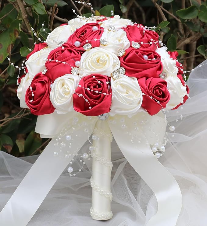 Bridal Wedding Bouquet Round Bling Brooch Bouquet Throw Toss Artificial Rose Flower Bunch for Bride Bridesmaid Wedding Quinceanera(Ruby Red & Ivory, 9.8")