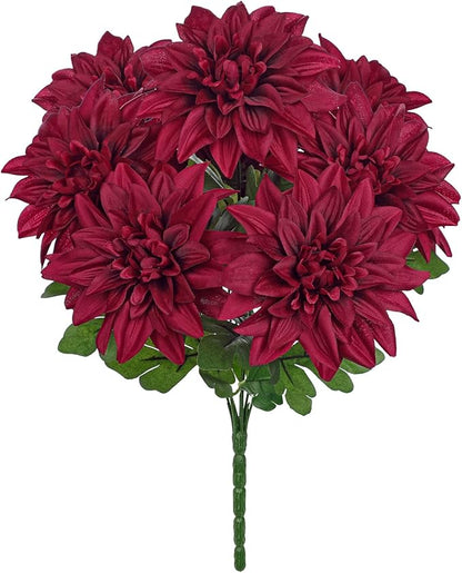 Hollyone Dark Red Artificial Dahlia Flowers Bush 7 Heads Silk Fake Dahlias Flowers with Stems Wedding Bouquets Faux Dahlia Flowers Arrangements for Outdoor Indoor DIY Table Centerpieces Home Decor