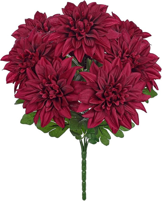 Hollyone Dark Red Artificial Dahlia Flowers Bush 7 Heads Silk Fake Dahlias Flowers with Stems Wedding Bouquets Faux Dahlia Flowers Arrangements for Outdoor Indoor DIY Table Centerpieces Home Decor