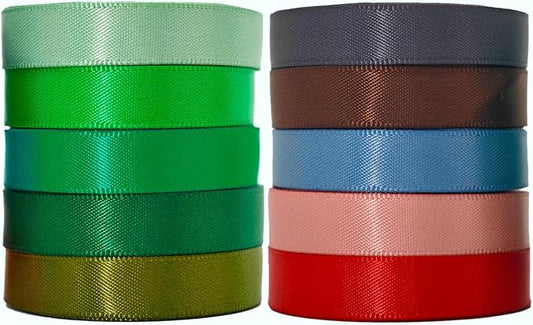 3/8 Satin Ribbon, 50 Yards Double Faced 10 Colored Ribbons Pack, Green Ribbon Sets for Gift Wrapping, Crafts, Flower Bouquet, Christmas, Easter, Eco Environment, Earthy Day, Forest Wedding