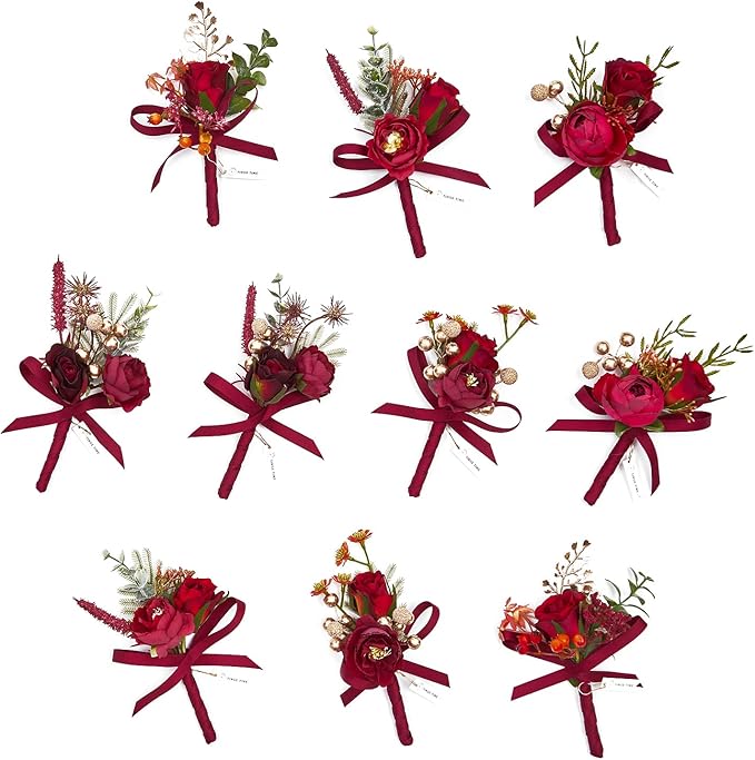 TINGE TIME Boutonniere for Men Wedding,Groom and Best Man Boutonniere for Wedding Ceremony Anniversary, Formal Dinner Party and Rustic Spring Wedding Marriage (10, Deep Red)