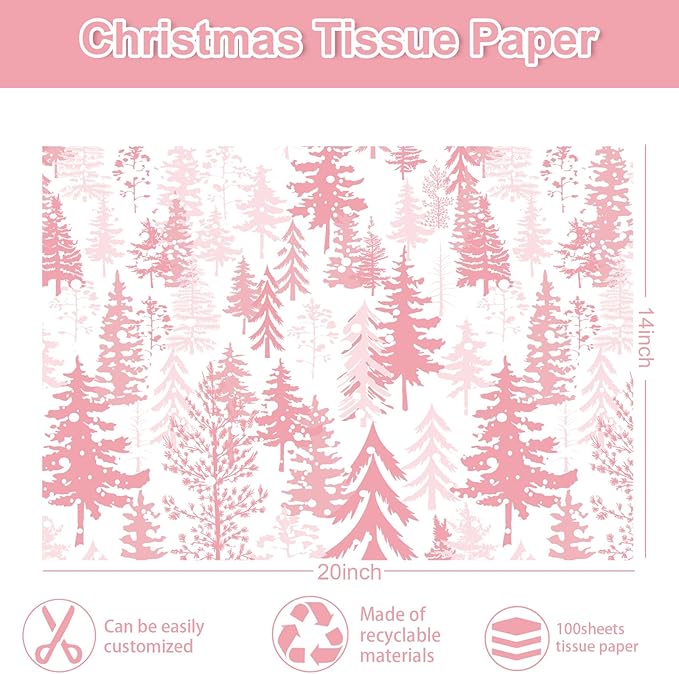 Whaline 100 Sheets Christmas Pink Tissue Paper Christmas Tree Gift Wrapping Paper Art Craft Paper for Home DIY Gift Bags Xmas Winter New Year Decor, 14 x 20 Inch