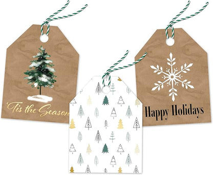 Pro Supply Global 24 Count of 2.5 Inch x 3 Inch Pre Strung Christmas Fir Trees Gift Tag Assorted Printed Designs on Large Cardstock Gift Hang Tags - Ideal to Use on Bags