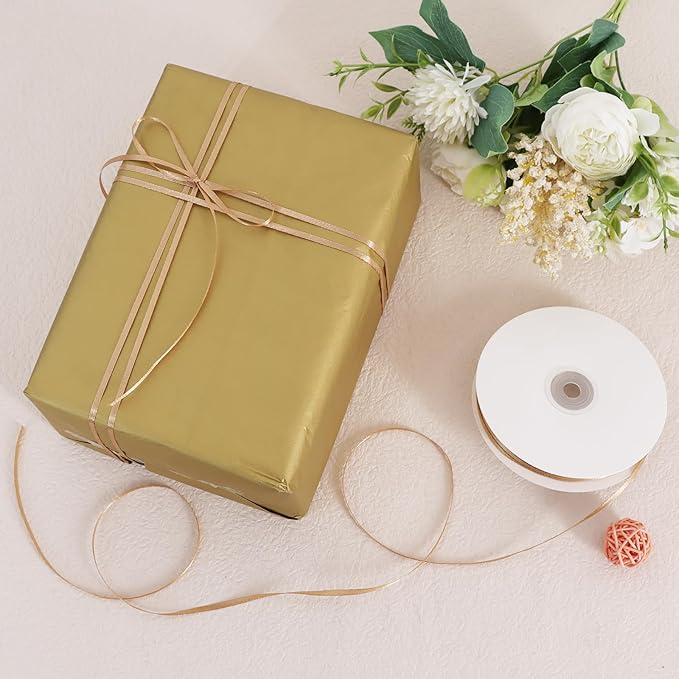 TONIFUL 1/8 Inch x 200 Yards Champagne Gold Thin Solid Satin Ribbon Giant Spool Double Face Ribbons for Crafts Hanging Tags Invitation Card Balloons Bouquet Hair Gift Wrapping Party Decoration