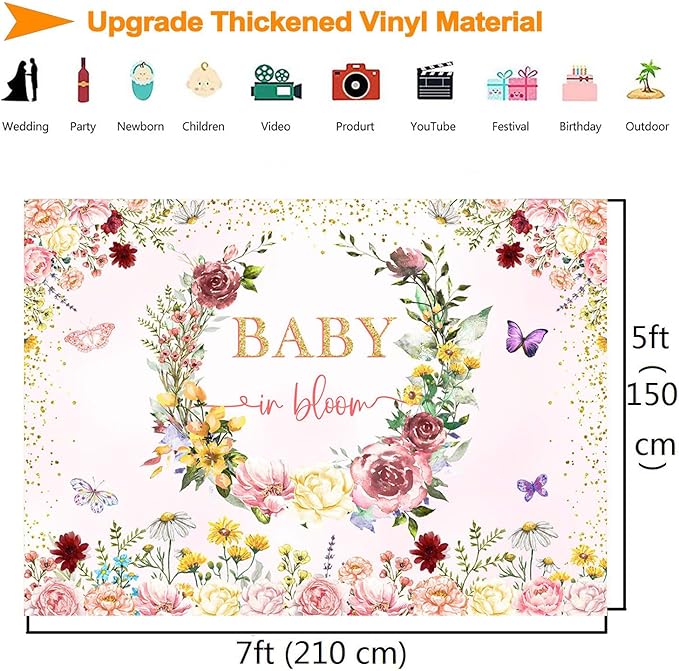InMemory Wildflower Baby in Bloom Baby Shower Backdrop Banner Party Decorations for Girl,Pink Wild Flowers Floral Butterfly Baby Girls Baby Shower Backdrops Background Supplies Photo Booth Props 7x5ft