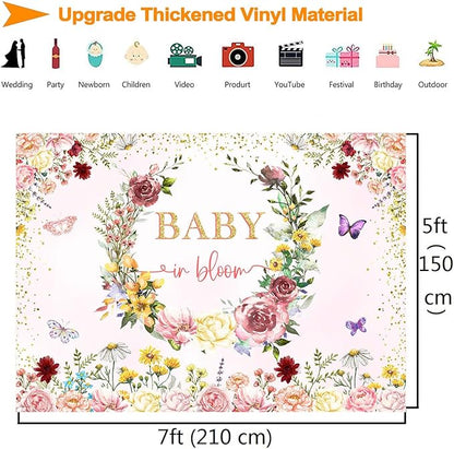 InMemory Wildflower Baby in Bloom Baby Shower Backdrop Banner Party Decorations for Girl,Pink Wild Flowers Floral Butterfly Baby Girls Baby Shower Backdrops Background Supplies Photo Booth Props 7x5ft