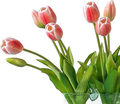15pcs Artificial Tulips Flowers, Real Touch Latex Bouquet, Fake Tulips for Office Wedding Party Home Kitchen Garden Decoration-B Coral Pink