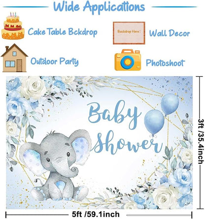 Elephant Baby Shower Backdrop Blue Flower It's A Boy Elephant Baby Shower Party Decoration Photography Background Little Peanut Cake Table Banner Photoshoot Supplies 5x3ft