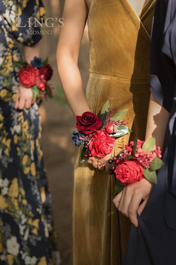 Ling's moment 6pcs Wedding Wrist Corsage Artificial Flowers, Girl/Mother Homecoming Prom Corsages Wristlet Décor, etc. Burgundy and Navy Blue