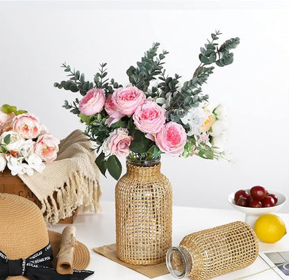 WHJY Boho Glass Vase, Rattan Vase, Farmhouse Rattan Décor, Round Flower Vase Basket Vase for Floral Arrangements -6.3 inch