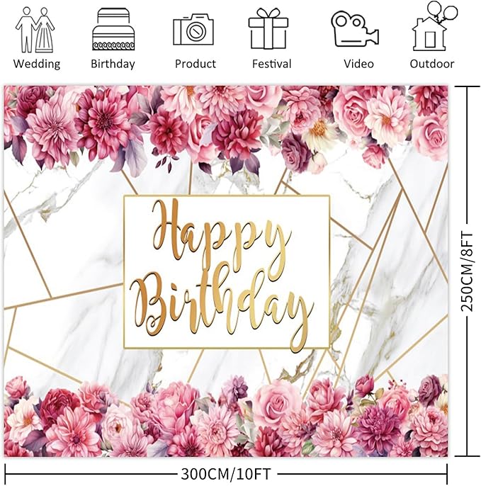 10x8ft Pink Floral Birthday Backdrop Girl Birthday Party Photography Background Watercolor Flower Marble Princess Women Bday Decorations Banner Cake Smash Photo Studio Props