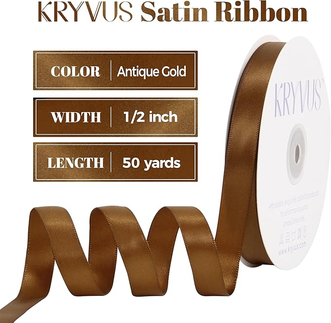 Antique Gold Satin Ribbon, Double Faced 1/2 Inch X 50 Yards Antique Gold Ribbon, Premium Satin Ribbon for Gift Wrapping, Crafts, Hair Bow Making, Sewing, Flower Bouquet, Wedding Party Decor