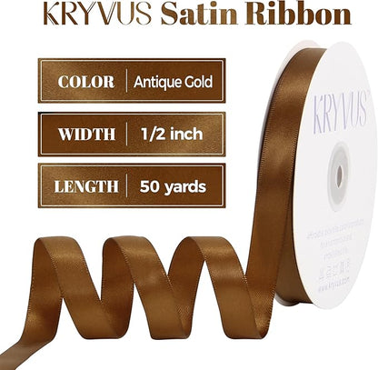 Antique Gold Satin Ribbon, Double Faced 1/2 Inch X 50 Yards Antique Gold Ribbon, Premium Satin Ribbon for Gift Wrapping, Crafts, Hair Bow Making, Sewing, Flower Bouquet, Wedding Party Decor