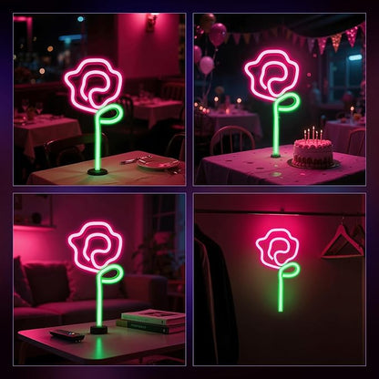 Rose Neon Sign - Red rose Flower with Green Stem Neon Art Wall Decor USB or 3-AA Battery Powered Operated for Girls Bedroom Birthday Gift Party Wedding Rose Lights for Bedroom (Pink)