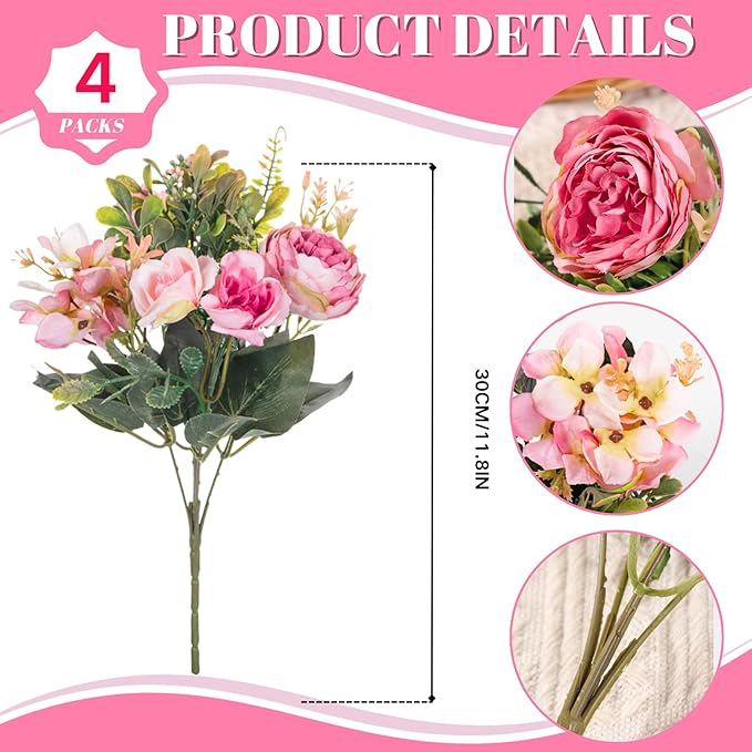ASTRYAS 4 Packs Artificial Fake Flowers, Pink Flowers Artificial Peony Silk Fake Peonies Bouquet Table Centerpiece for Spring Summer Wedding Shower Party Home Decoration(Pink)