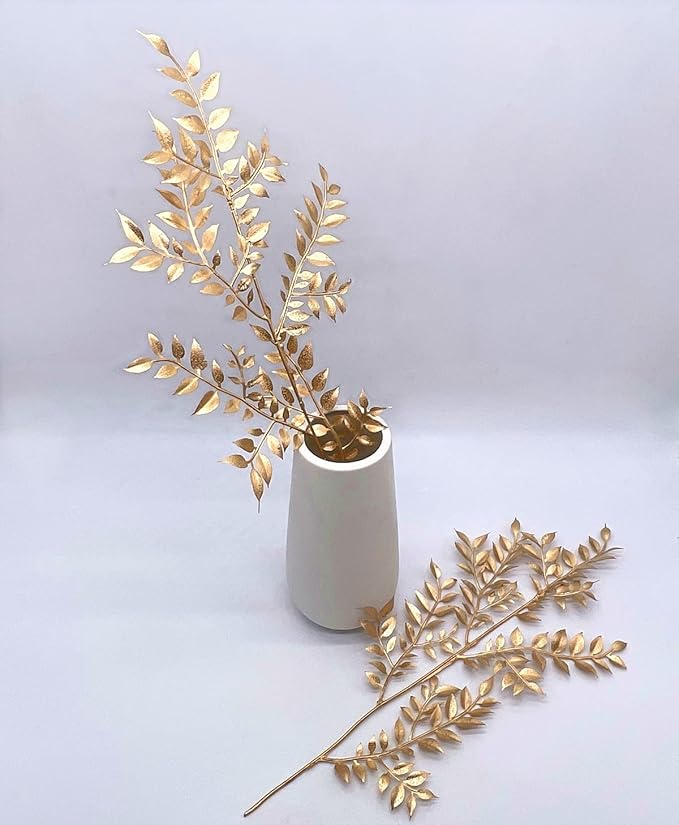 Fake Plants Leaves Christmas Decoration, PASYOU Gold Artificial Shrubs Grass Foliage Plastic Bulk Leaf Indoor Outdoor Home Garden Party Hotel Verandah Wedding Event Faux Decor Ornaments, Golden 5 Pack