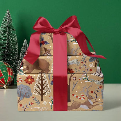 WRAPAHOLIC Kraft Christmas Wrapping Paper - Mini Roll - 17 Inch x 33 Feet - Christmas Animal Wrapping Paper and Tree Elements for Holiday, Party Celebration