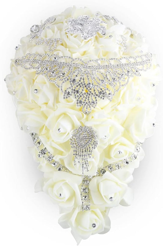 Wedding Bouquets for Brides or Bridesmaids Brick and Stone Decoration Pearl Embellishment Roses Bridal Bridesmaid Wedding Hand Bouquet Artificial Fake Flowers.(Cream)