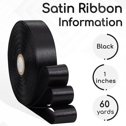 Black Satin Ribbon 1 Inch, 60 Yards Fabric Ribbon for Gift Wrapping, Hair, Crafts, Graduation Wreaths, Flower Bouquet, Invitation Cards, Halloween