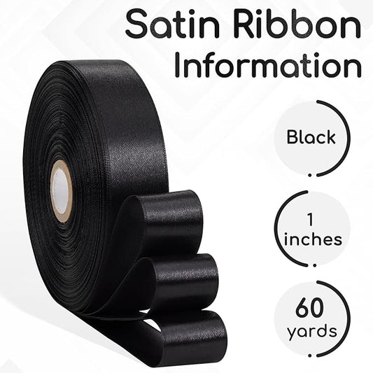 Black Satin Ribbon 1 Inch, 60 Yards Fabric Ribbon for Gift Wrapping, Hair, Crafts, Graduation Wreaths, Flower Bouquet, Invitation Cards, Halloween