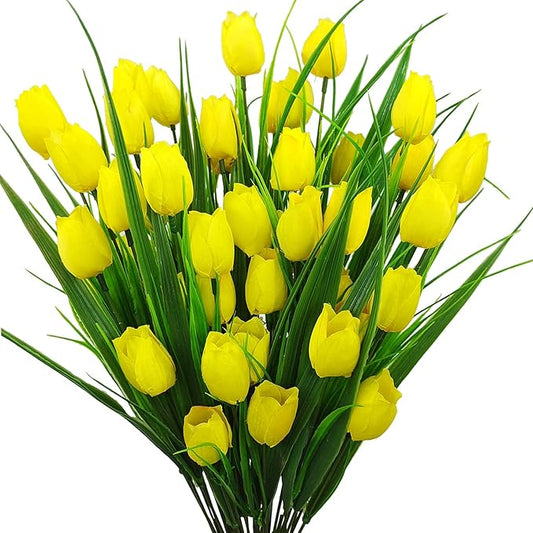 8 Bundles Outdoor Artificial Tulips Fake Flowers UV Resistant Faux Plastic Greenery Shrubs Plants for Home Outside Garden Porch Window Farmhouse Decor (Yellow)