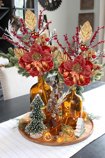 Briful 2PCS Christmas Glitter Magnolia Flowers Picks and Spray with Christmas Balls Ornament Red Berries Gold Leaves Branches for Xmas Tree Wreath Vase Floral Arrangement (Red Gold)