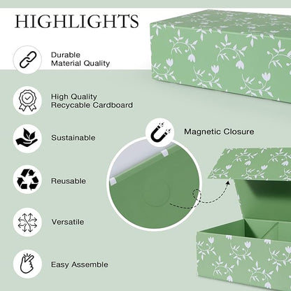 Green Leaves Gift Box with Magnetic Lids 13.8x8.3x4.4 in, Large Bridesmaid Proposal Boxes, Rectangle Wedding Decorative Storage Box 1 Pack