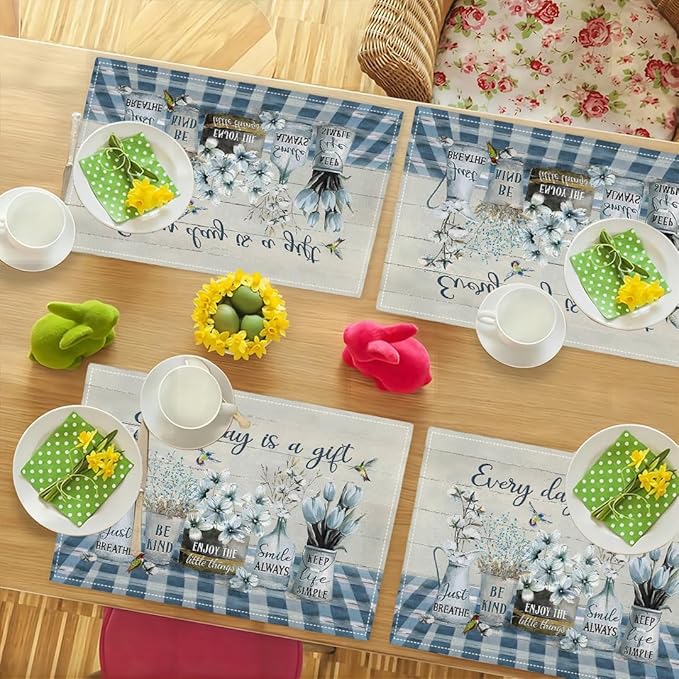 Farmhouse Spring Flower Placemats Set of 6 Every Day is A Gift Rustic Floral Double-Sided Table Mats for Dining Room Home Party Indoor 6 PCS 12x18 Inch