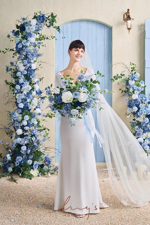 Ling's moment Dusty Blue Wedding Bouquets for Bride, Blue and White Bridal Bouquets for Bride,15 Inch Free Form Artificial Wedding Flower Bouquet