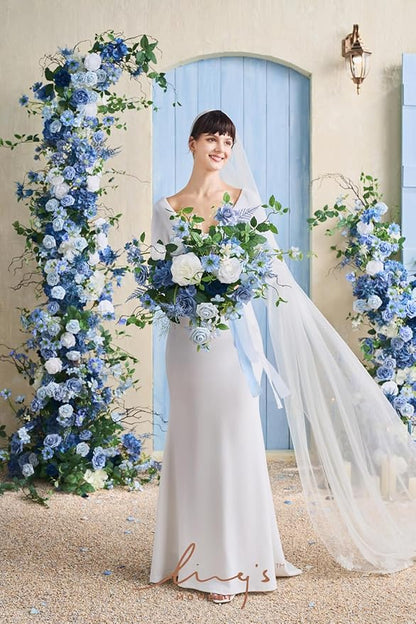 Ling's moment Dusty Blue Wedding Bouquets for Bride, Blue and White Bridal Bouquets for Bride,15 Inch Free Form Artificial Wedding Flower Bouquet