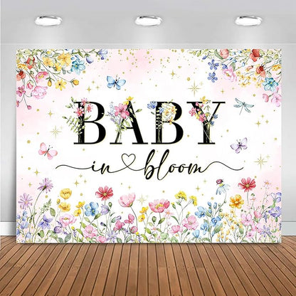 Mocsicka Wildflower Backdrop Baby in Bloom Floral Baby Shower Decorations Girls Butterfly Golden Dot A Little Wildflower is On The Way Decorations for Baby Shower Background Banner