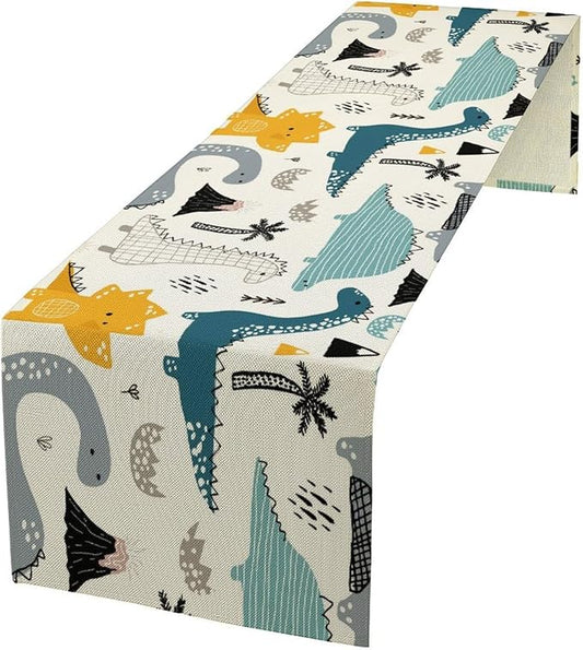 Cartoon Dinosaur Table Runner,Kids Boys Cute Various Dino Moutain Modern Abstract Print Tablecloth Burlap for Hotel Indoors Outdoor Dining Room Kitchen Holiday Party, 13x80in