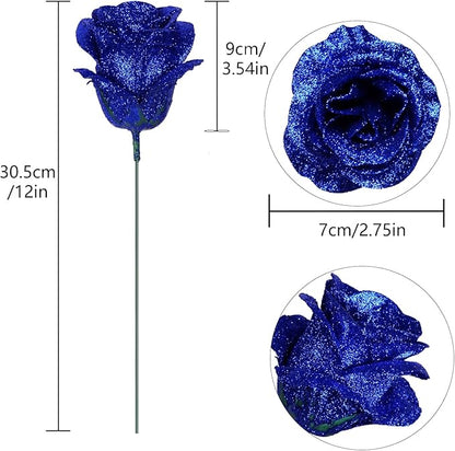 Glitter Flowers,30PCS Royal Blue Roses Artificial Flowers Fake Roses for DIY Crafts Wedding Bouquet Party Home Decor(Royal Blue)