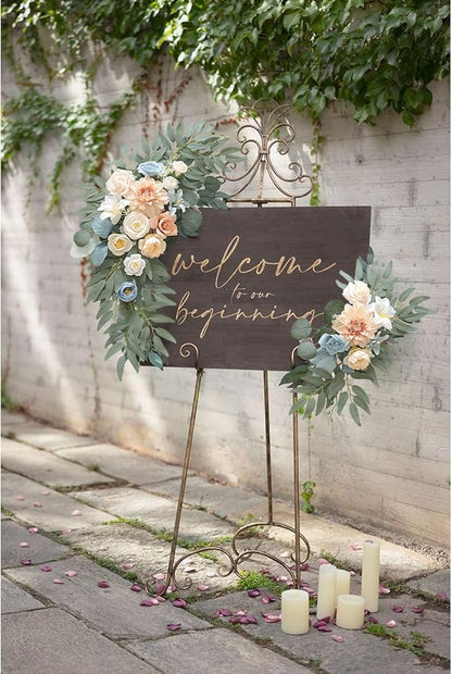 Faux Flower Swag Set of 2, Champagne Blue Artificial Flowers Swags for Wedding Arch, Wedding Welcome Signs, Welcome Reception Ceremony Signs Decorations