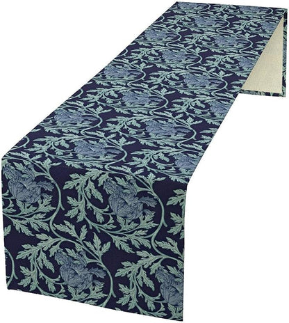 Vintage William Morris Table Runner, Retro Blue Floral Botanical Plant Farmhouse Design Table Runner for Kitchen Dining Party Holiday Decortaion, 13x120 Inch