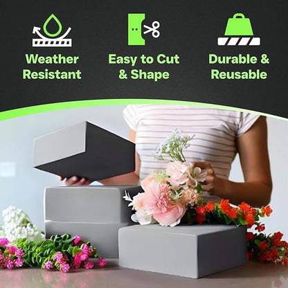 XCEL Floral Foam Blocks - Reusable, Weather Resistant Foam - Perfect for Fresh & Artificial Flower Arrangements, Crafts, Planter Boxes, Home Decor & More - 4-Pk, Gray (7” x 7” x 3”)