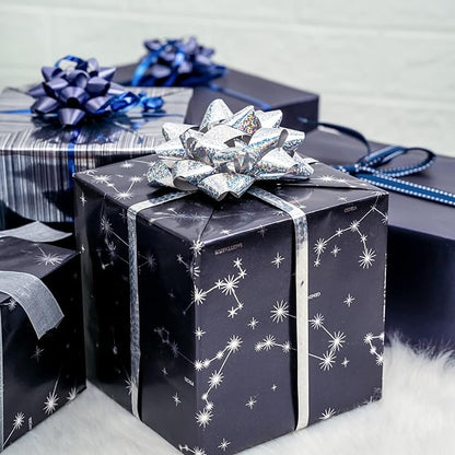 WRAPAHOLIC 30 Inch Navy Blue Wrapping Paper - Jumbo Roll Navy and Silver Constellation Wrapping Paper for Men, Birthday, Holiday, Father's Day, Baby Shower - 3 Rolls - 30 Inch x 120 Inch Per Roll