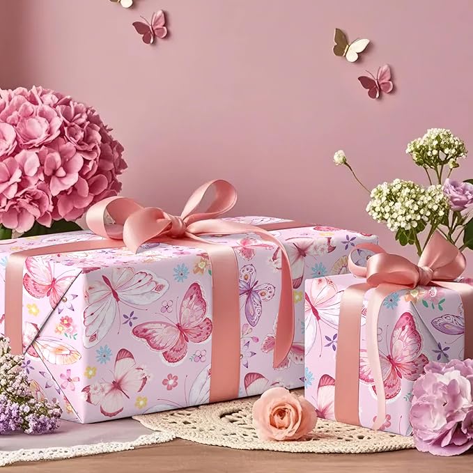 WRAPAHOLIC Pink Butterfly Wrapping Paper Roll - Mini Roll - 17 Inch x 33 Feet - Fantasy Floral Butterfly Design, Perfect for Birthday, Wedding, Bridal Shower