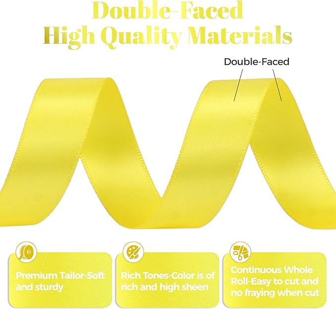 Lemon Yellow Satin Ribbon, Double Faced 5/8 Inch X 50 Yards Lemon Yellow Ribbon, Premium Satin Ribbons for Gift Wrapping, Crafts, Hair Bow Making, Sewing, Flower Bouquet, Wedding Party Decor