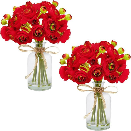 Ranunculus Artificial Flowers with Vase, 2 Pack - 8 Pcs Faux Silk Ranunculus Flower in Vase, Small Flowers Arrangements for Home Decor Indoor, Table Centerpiece. (Red)