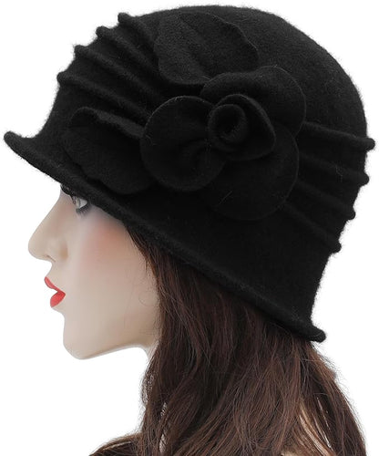 ZLYC Women Wool Cloche Bucket Hat 1920s Vintage Dress Winter Hats with Flower Accent