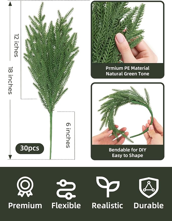 30Pcs 18'' Norfolk Pine Stems Realistic, Lifelike Christmas Greenery Pine Branches for DIY Wreaths, Vase Fillers, Indoor Outdoor Decor, Real Touch Christmas Decorations for Table, Mantle