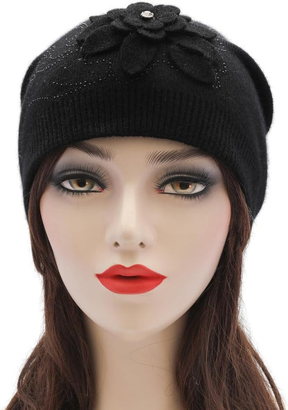 ZLYC Women Floral Slouchy Beanie Hat Double Layer Winter Knit Skull Cap