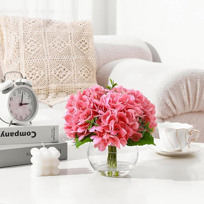 Artificial Flowers Hydrangea Artificial Flowers with Vase Silk Fake Flowers Arrangements in Vase with Faux Water for Home Bathroom Office Table Centerpiece Shelf Decorations (Pink)