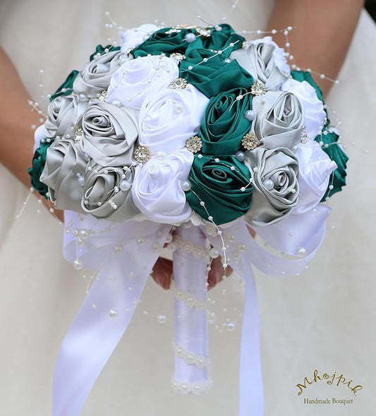 Bridal Wedding Bouquet Round Bling Brooch Bouquet Throw Toss Artificial Rose Flower Bunch for Bride Bridesmaid Wedding Quinceanera(Dark Green, Silver & White, 9.8")